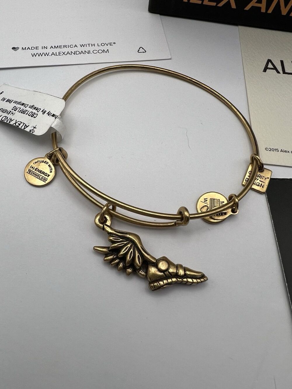 ALEX & ANI Champion Hermes Winged Shoe Bronze Charm Bangle Bracelet New In Box - Picture 4 of 4